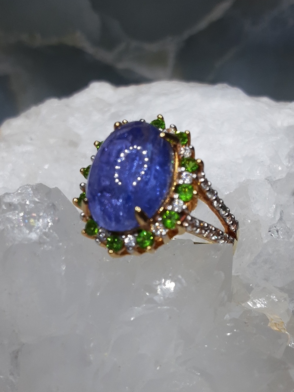 925 Genuine Tanzanite, Chrome Diopside And White Zircon. Yellow Gold Over 925.